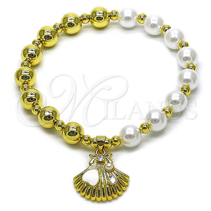 Oro Laminado Fancy Bracelet, Gold Filled Style Expandable Bead and Shell Design, with Ivory Pearl and White Cubic Zirconia, White Enamel Finish, Golden Finish, 03.341.2294.07 (08 MM Thickness, 7 Inches Length)