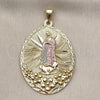 Oro Laminado Religious Pendant, Gold Filled Style Guadalupe and Flower Design, Diamond Cutting Finish, Tricolor, 05.213.0056.1