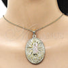 Oro Laminado Religious Pendant, Gold Filled Style Guadalupe and Flower Design, Diamond Cutting Finish, Tricolor, 05.213.0056.1
