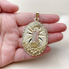 Oro Laminado Religious Pendant, Gold Filled Style Guadalupe and Flower Design, Diamond Cutting Finish, Tricolor, 05.213.0056.1