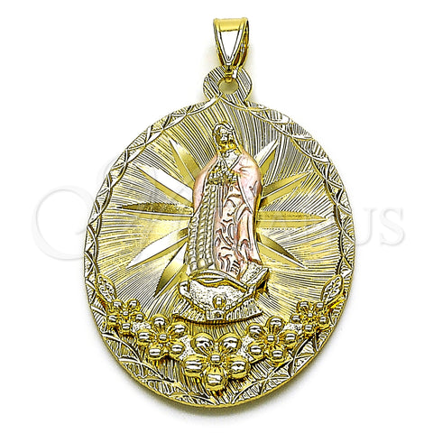 Oro Laminado Religious Pendant, Gold Filled Style Guadalupe and Flower Design, Diamond Cutting Finish, Tricolor, 05.213.0056.1