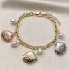 Oro Laminado Charm Bracelet, Gold Filled Style Shell and Rolo Design, with Ivory Pearl, Polished, Tricolor, 03.213.0370.07