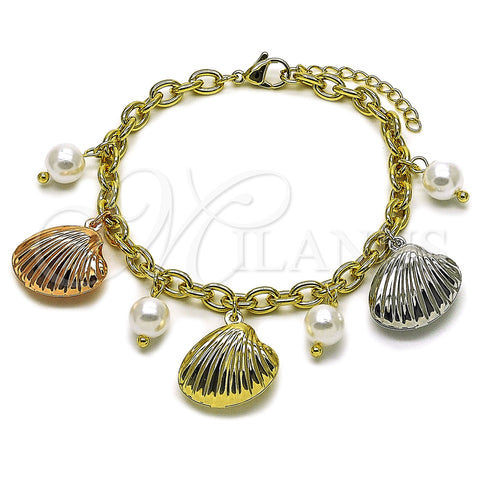 Oro Laminado Charm Bracelet, Gold Filled Style Shell and Rolo Design, with Ivory Pearl, Polished, Tricolor, 03.213.0370.07 (05 MM Thickness, 7 Inches Length)