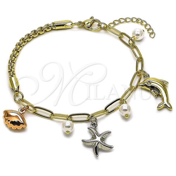 Oro Laminado Charm Bracelet, Gold Filled Style Shell and Star Design, with Ivory Pearl, Polished, Tricolor, 03.213.0371.07