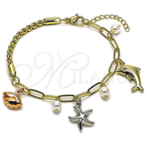 Oro Laminado Charm Bracelet, Gold Filled Style Shell and Star Design, with Ivory Pearl, Polished, Tricolor, 03.213.0371.07
