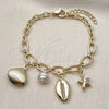 Oro Laminado Charm Bracelet, Gold Filled Style Shell and Star Design, with Ivory Pearl and White Cubic Zirconia, Polished, Golden Finish, 03.213.0372.07