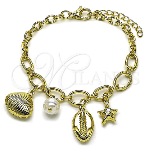 Oro Laminado Charm Bracelet, Gold Filled Style Shell and Star Design, with Ivory Pearl and White Cubic Zirconia, Polished, Golden Finish, 03.213.0372.07
