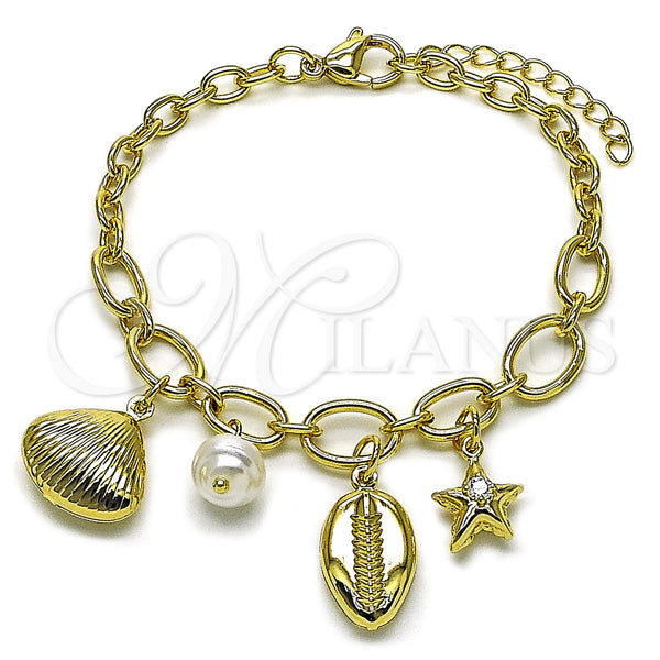 Oro Laminado Charm Bracelet, Gold Filled Style Shell and Star Design, with Ivory Pearl and White Cubic Zirconia, Polished, Golden Finish, 03.213.0372.07 (04 MM Thickness, 7 Inches Length)