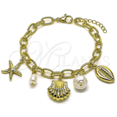 Oro Laminado Charm Bracelet, Gold Filled Style Shell and Star Design, with Ivory Pearl, Polished, Golden Finish, 03.213.0373.07