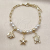 Oro Laminado Charm Bracelet, Gold Filled Style Fish and Turtle Design, with Ivory Pearl, Polished, Golden Finish, 03.213.0374.07
