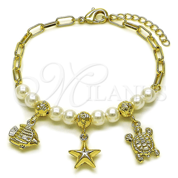 Oro Laminado Charm Bracelet, Gold Filled Style Fish and Turtle Design, with Ivory Pearl, Polished, Golden Finish, 03.213.0374.07