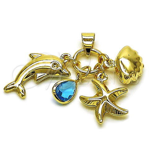 Oro Laminado Fancy Pendant, Gold Filled Style Dolphin and Shell Design, with Blue Topaz Cubic Zirconia, Polished, Golden Finish, 05.213.0178