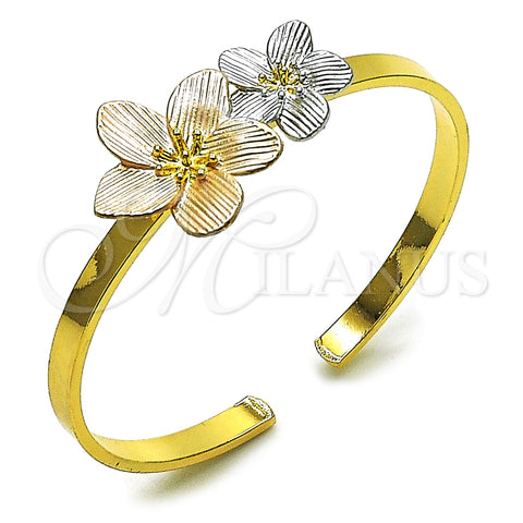 Oro Laminado Individual Bangle, Gold Filled Style Flower Design, Diamond Cutting Finish, Tricolor, 07.170.0074.1