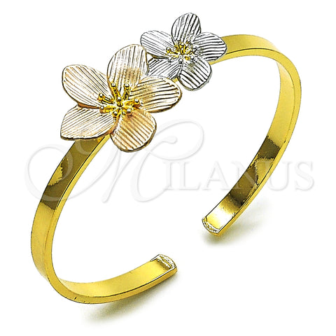 Oro Laminado Individual Bangle, Gold Filled Style Flower Design, Diamond Cutting Finish, Tricolor, 07.170.0074.1 (Thickness, One size fits all)