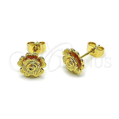 Oro Laminado Stud Earring, Gold Filled Style Flower Design, Diamond Cutting Finish, Golden Finish, 02.170.0533