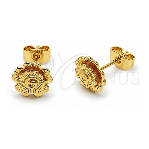 Oro Laminado Stud Earring, Gold Filled Style Flower Design, Diamond Cutting Finish, Golden Finish, 02.170.0533