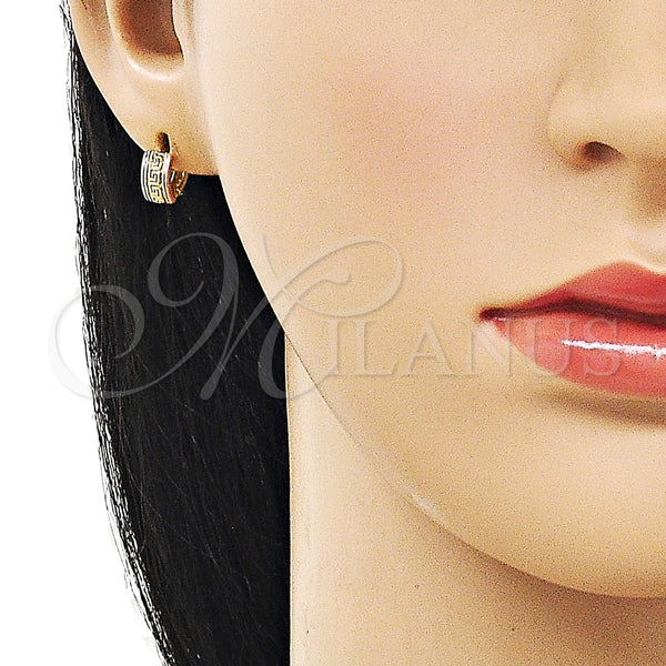 Gold Filled Hoop Earrings — Huggie Hoop Greek Key Design Polished Tricolor 02. — alternate product view — SKU 161548 | Oro Laminado aretes de aro — Huggie Hoop Greek Key diseño pulido Tricolor 02. — SKU 161548