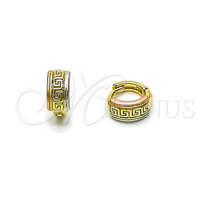 Gold Filled Hoop Earrings — Huggie Hoop Greek Key Design Polished Tricolor 02. — main product view — SKU 161548 | Oro Laminado aretes de aro — Huggie Hoop Greek Key diseño pulido Tricolor 02. — SKU 161548