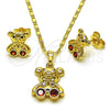 Oro Laminado Earring and Pendant Adult Set, Gold Filled Style Teddy Bear Design, with Garnet and White Cubic Zirconia, Polished, Golden Finish, 10.196.0163