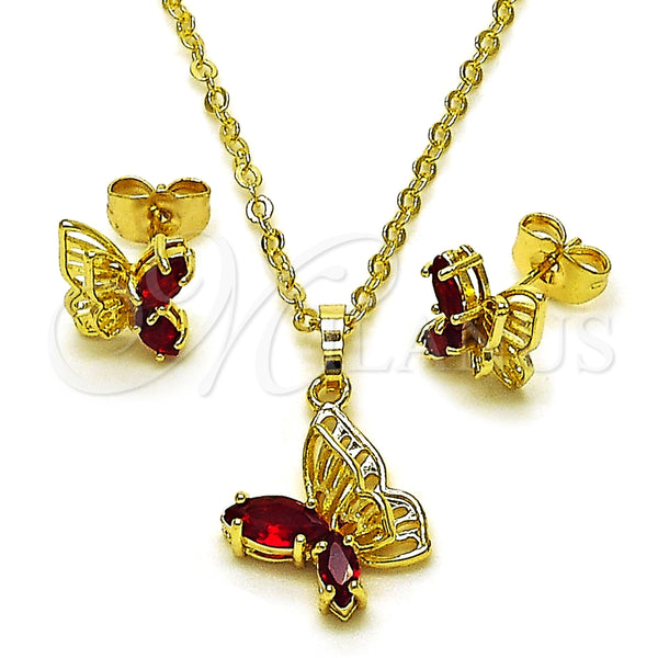 Oro Laminado Earring and Pendant Adult Set, Gold Filled Style Butterfly and Rolo Design, with Garnet Cubic Zirconia, Polished, Golden Finish, 10.196.0164