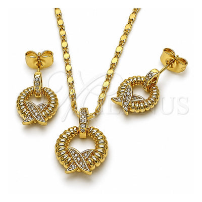 Oro Laminado Earring and Pendant Adult Set, Gold Filled Style Twist Design, with White Micro Pave, Polished, Golden Finish, 10.196.0165