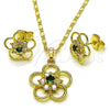 Oro Laminado Earring and Pendant Adult Set, Gold Filled Style Flower Design, with Green and White Cubic Zirconia, Polished, Golden Finish, 10.196.0167