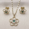 Oro Laminado Earring and Pendant Adult Set, Gold Filled Style Flower Design, with Green and White Cubic Zirconia, Polished, Golden Finish, 10.196.0167