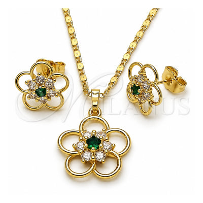 Oro Laminado Earring and Pendant Adult Set, Gold Filled Style Flower Design, with Green and White Cubic Zirconia, Polished, Golden Finish, 10.196.0167