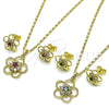 Oro Laminado Earring and Pendant Adult Set, Gold Filled Style Flower Design, with Green and White Cubic Zirconia, Polished, Golden Finish, 10.196.0167