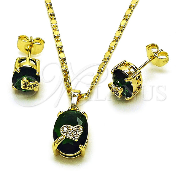 Oro Laminado Earring and Pendant Adult Set, Gold Filled Style Heart Design, with Green and White Cubic Zirconia, Polished, Golden Finish, 10.196.0168