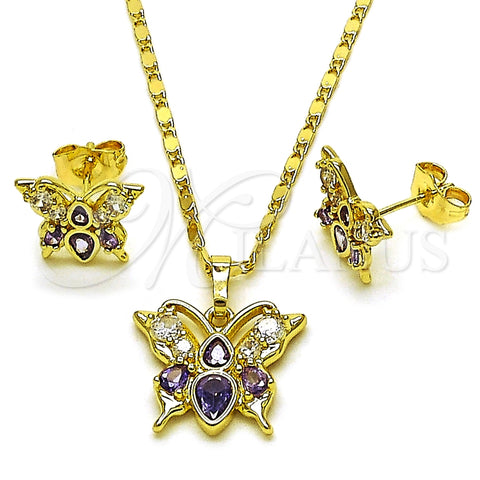 Oro Laminado Earring and Pendant Adult Set, Gold Filled Style Butterfly Design, with Amethyst and White Cubic Zirconia, Polished, Golden Finish, 10.196.0170