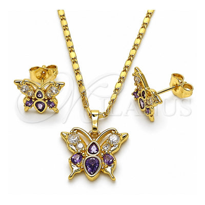 Oro Laminado Earring and Pendant Adult Set, Gold Filled Style Butterfly Design, with Amethyst and White Cubic Zirconia, Polished, Golden Finish, 10.196.0170