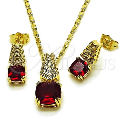 Oro Laminado Earring and Pendant Adult Set, Gold Filled Style with Garnet Cubic Zirconia and White Micro Pave, Polished, Golden Finish, 10.196.0171
