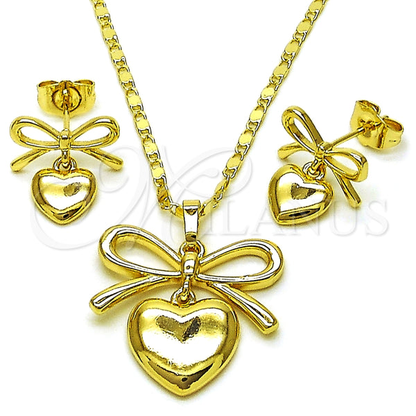 Oro Laminado Earring and Pendant Adult Set, Gold Filled Style Heart and Bow Design, Polished, Golden Finish, 10.196.0172