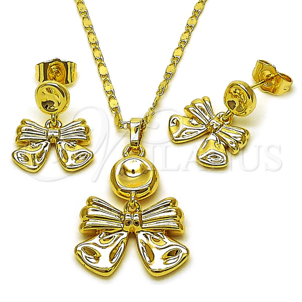 Oro Laminado Earring and Pendant Adult Set, Gold Filled Style Bow Design, Polished, Golden Finish, 10.196.0173