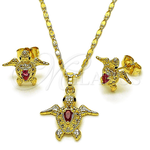 Oro Laminado Earring and Pendant Adult Set, Gold Filled Style Turtle Design, with Ruby and White Cubic Zirconia, Polished, Golden Finish, 10.196.0174