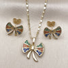 Oro Laminado Earring and Pendant Adult Set, Gold Filled Style Bow Design, with Multicolor Cubic Zirconia, Polished, Golden Finish, 10.196.0176