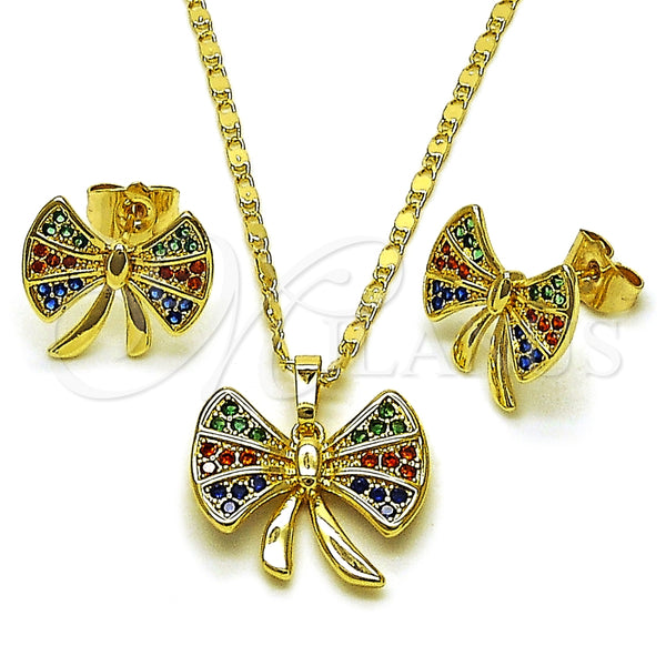 Oro Laminado Earring and Pendant Adult Set, Gold Filled Style Bow Design, with Multicolor Cubic Zirconia, Polished, Golden Finish, 10.196.0176