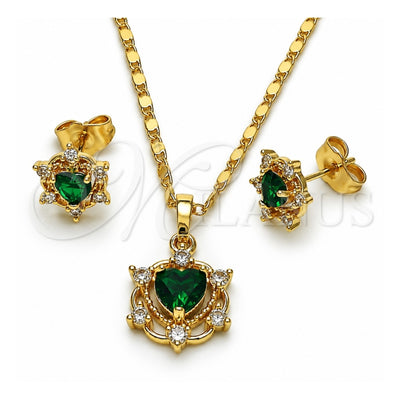 Oro Laminado Earring and Pendant Adult Set, Gold Filled Style Heart and Cluster Design, with Green and White Cubic Zirconia, Polished, Golden Finish, 10.196.0177