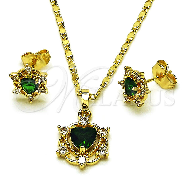 Oro Laminado Earring and Pendant Adult Set, Gold Filled Style Heart and Cluster Design, with Green and White Cubic Zirconia, Polished, Golden Finish, 10.196.0177
