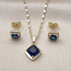 Oro Laminado Earring and Pendant Adult Set, Gold Filled Style Cluster Design, with Sapphire Blue Cubic Zirconia and White Micro Pave, Polished, Golden Finish, 10.196.0178