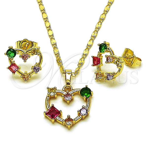 Oro Laminado Earring and Pendant Adult Set, Gold Filled Style Heart Design, with Multicolor Cubic Zirconia, Polished, Golden Finish, 10.196.0179