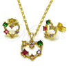 Oro Laminado Earring and Pendant Adult Set, Gold Filled Style Heart Design, with Multicolor Cubic Zirconia, Polished, Golden Finish, 10.196.0179