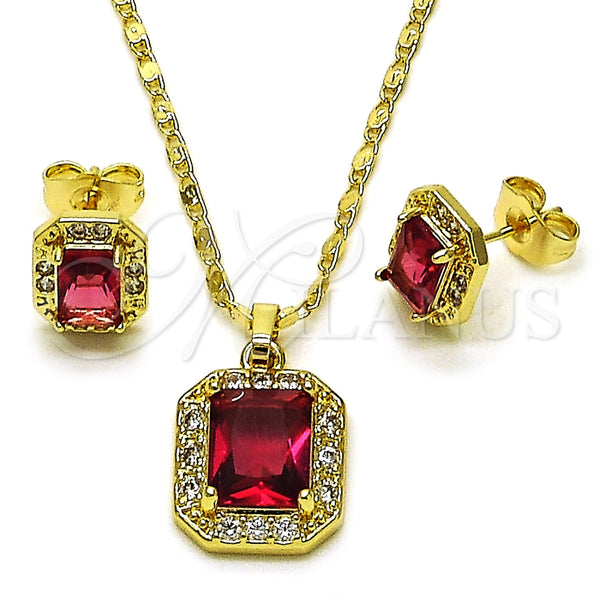 Oro Laminado Earring and Pendant Adult Set, Gold Filled Style Cluster Design, with Ruby and White Cubic Zirconia, Polished, Golden Finish, 10.196.0180.2