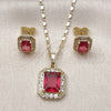 Oro Laminado Earring and Pendant Adult Set, Gold Filled Style Cluster Design, with Ruby and White Cubic Zirconia, Polished, Golden Finish, 10.196.0180.2