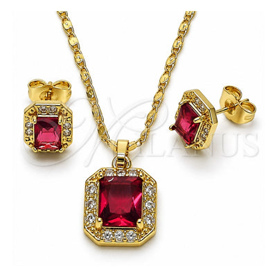 Oro Laminado Earring and Pendant Adult Set, Gold Filled Style Cluster Design, with Ruby and White Cubic Zirconia, Polished, Golden Finish, 10.196.0180.2