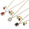 Oro Laminado Earring and Pendant Adult Set, Gold Filled Style Cluster Design, with Ruby and White Cubic Zirconia, Polished, Golden Finish, 10.196.0180.2