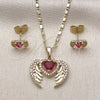 Oro Laminado Earring and Pendant Adult Set, Gold Filled Style Heart and Wings Design, with Ruby and White Cubic Zirconia, Polished, Golden Finish, 10.196.0181