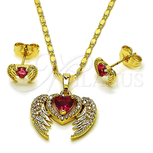 Oro Laminado Earring and Pendant Adult Set, Gold Filled Style Heart and Wings Design, with Ruby and White Cubic Zirconia, Polished, Golden Finish, 10.196.0181