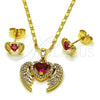 Oro Laminado Earring and Pendant Adult Set, Gold Filled Style Heart and Wings Design, with Ruby and White Cubic Zirconia, Polished, Golden Finish, 10.196.0181